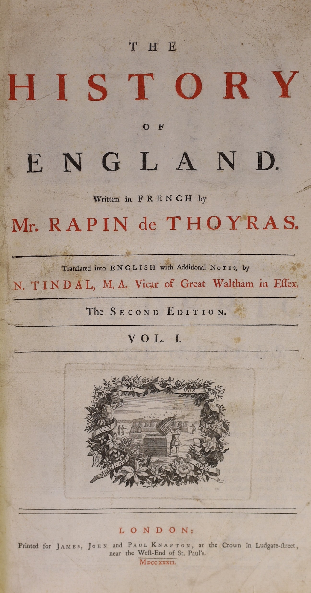 Rapin de Thoryras, Paul - The History of England, 2nd edition, 2 vols, folio, rebound full calf, with 4 folding maps, lacking portrait, red ink staining to leaf edges at end of vol 2, James, John and Paul Knapton, London